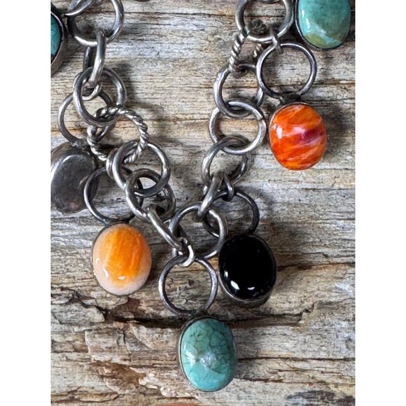 Sterling Silver Multi-Stone Dangling Charm Bracelet 7.5" With Toggle Clasp - Picture 3 of 6